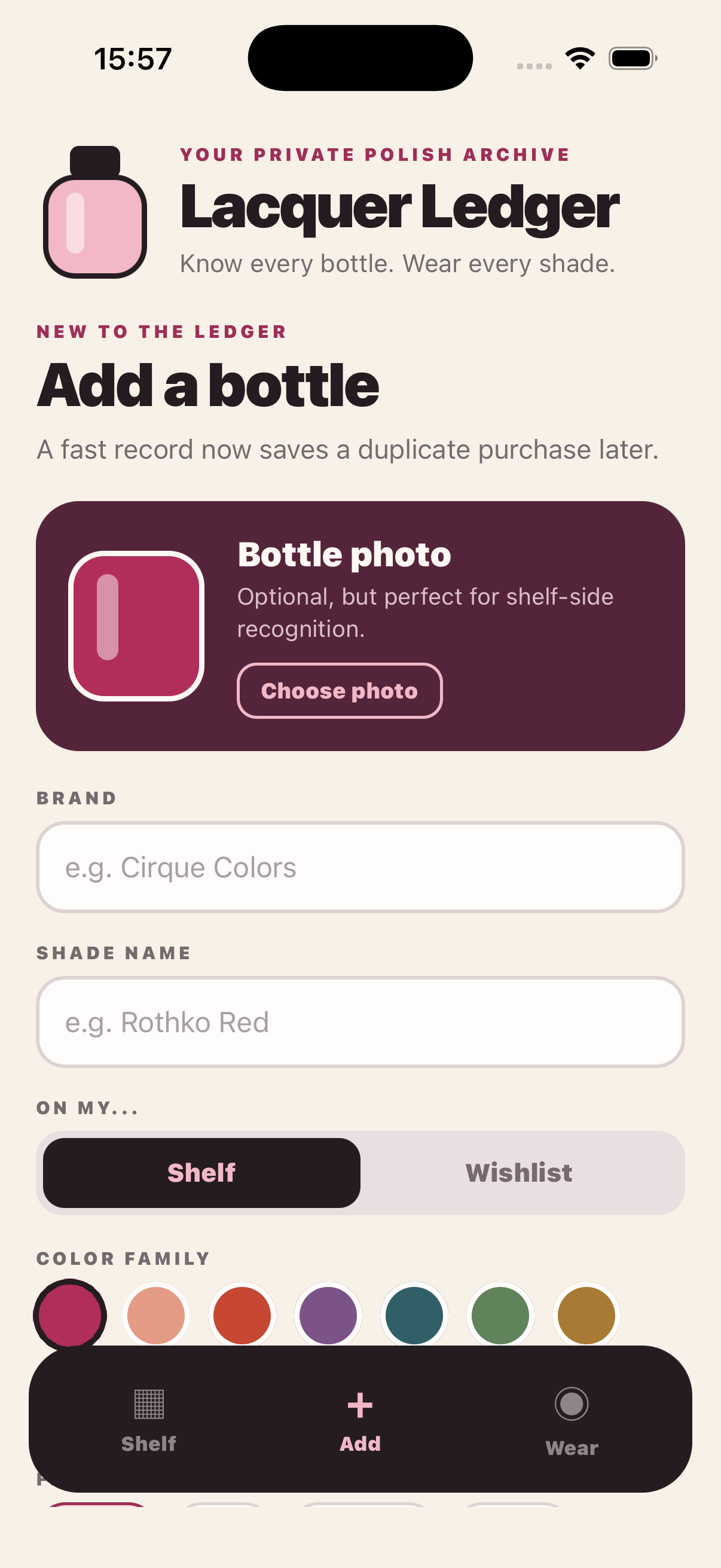 Add bottle form with photo, brand, shade, and collection controls