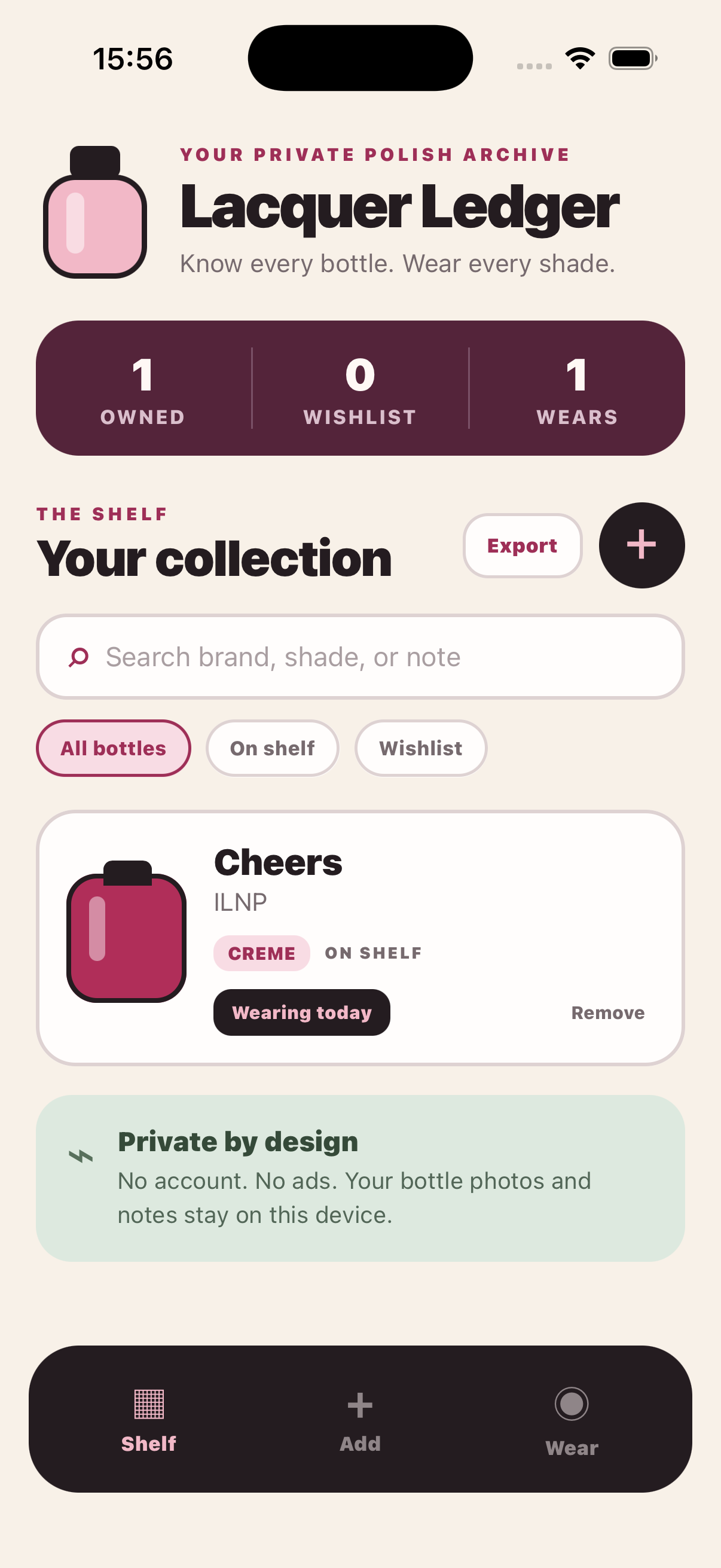 Lacquer Ledger collection screen showing a saved polish bottle
